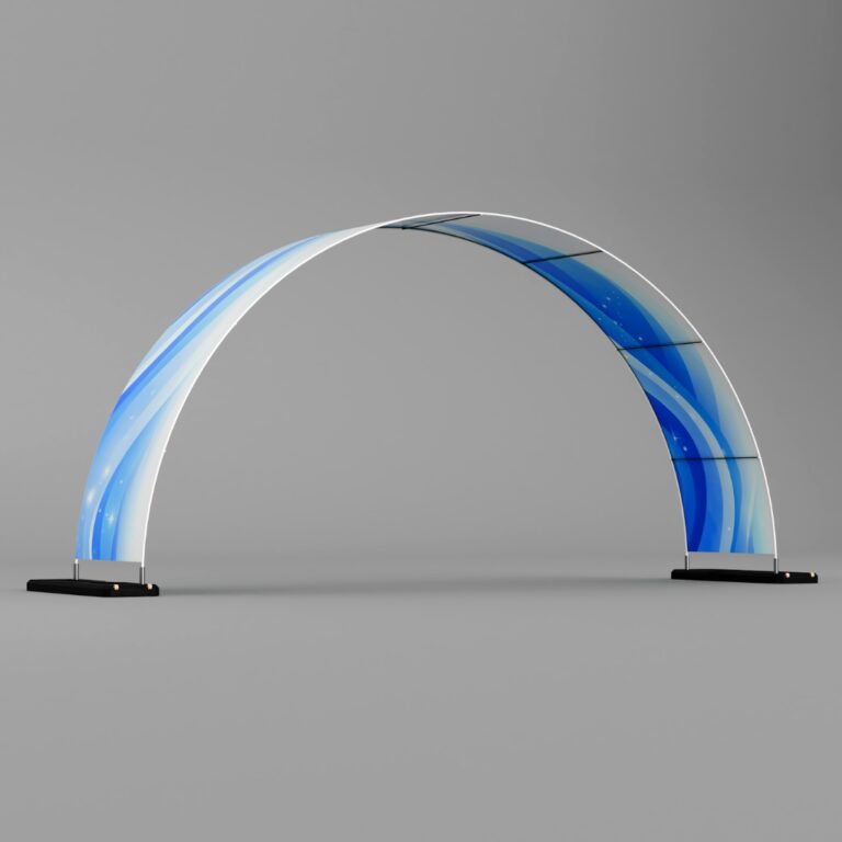 Quick Arch-Tor mit modularer Struktur aus Aluminiumrohren und einstellbaren Abmessungen.