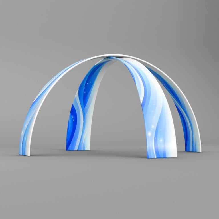 Das Tor Revo Arch A+B ist ein bogenförmiges Tor mit modularer Struktur aus Aluminiumrohren.
